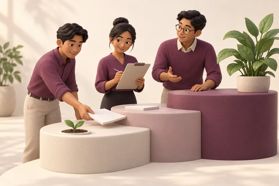 Illustration of colleagues collaborating beside a growing plant, representing a team growing together.
